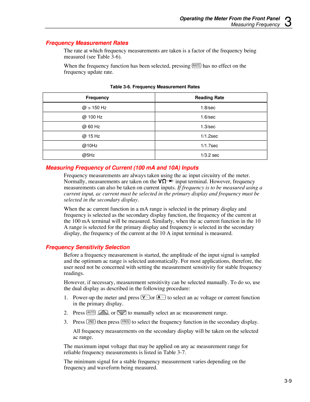 Fluke 45 user manual Frequency Measurement Rates, Measuring Frequency of Current 100 mA and 10A Inputs, Reading Rate 