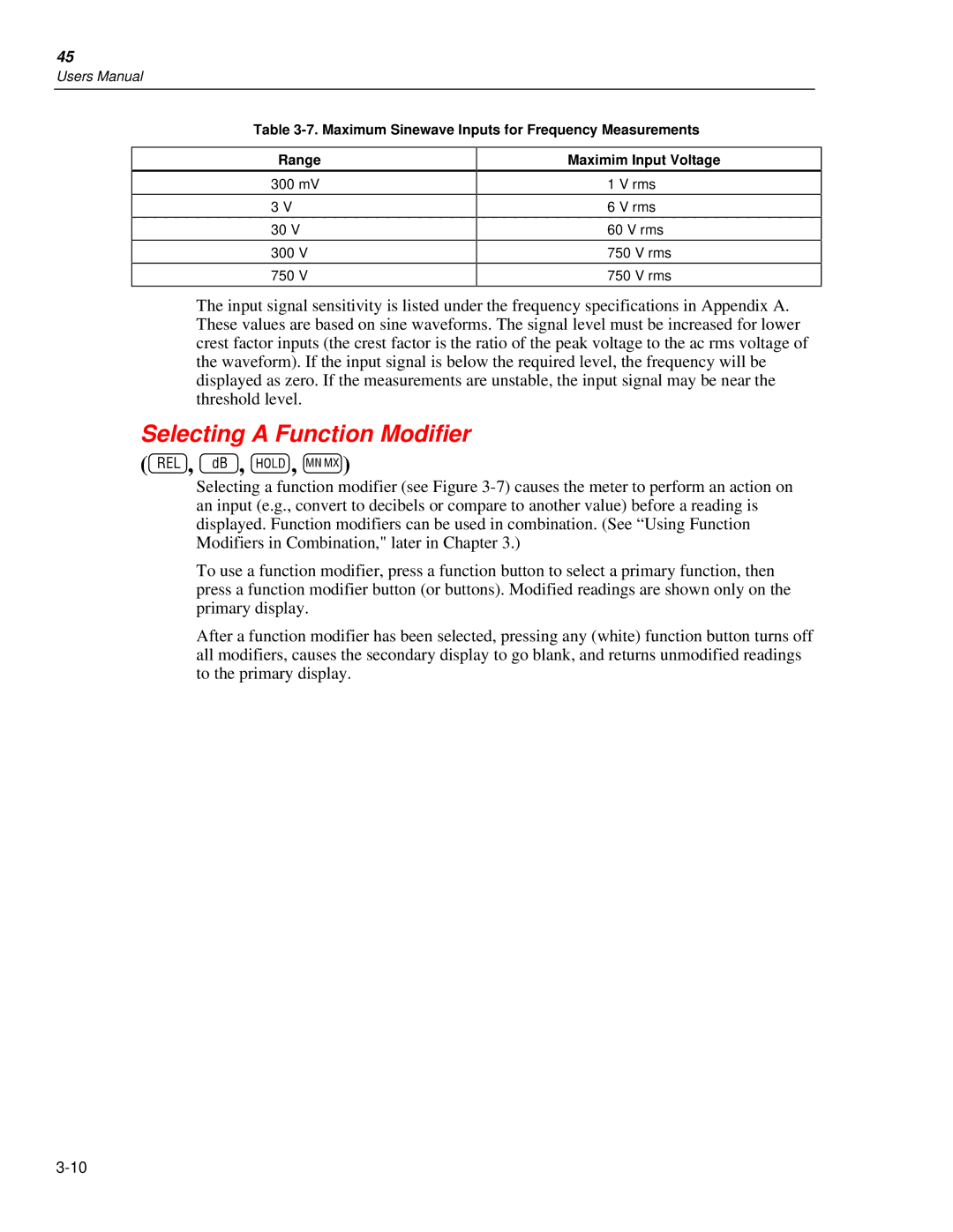 Fluke 45 Selecting a Function Modifier, Maximum Sinewave Inputs for Frequency Measurements Range, Maximim Input Voltage 