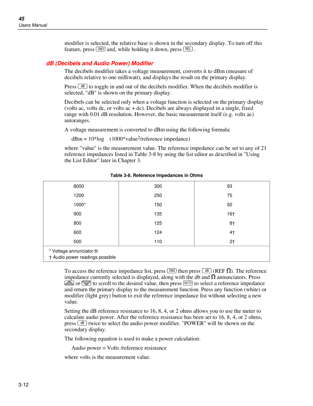 Fluke 45 user manual DB Decibels and Audio Power Modifier, Reference Impedances in Ohms 