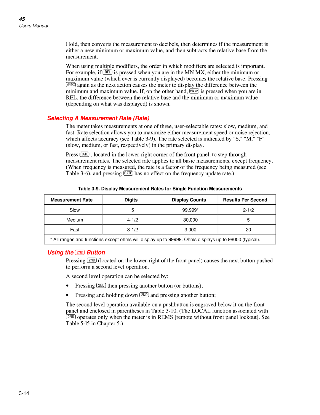 Fluke 45 user manual Selecting a Measurement Rate Rate, Using the SButton 