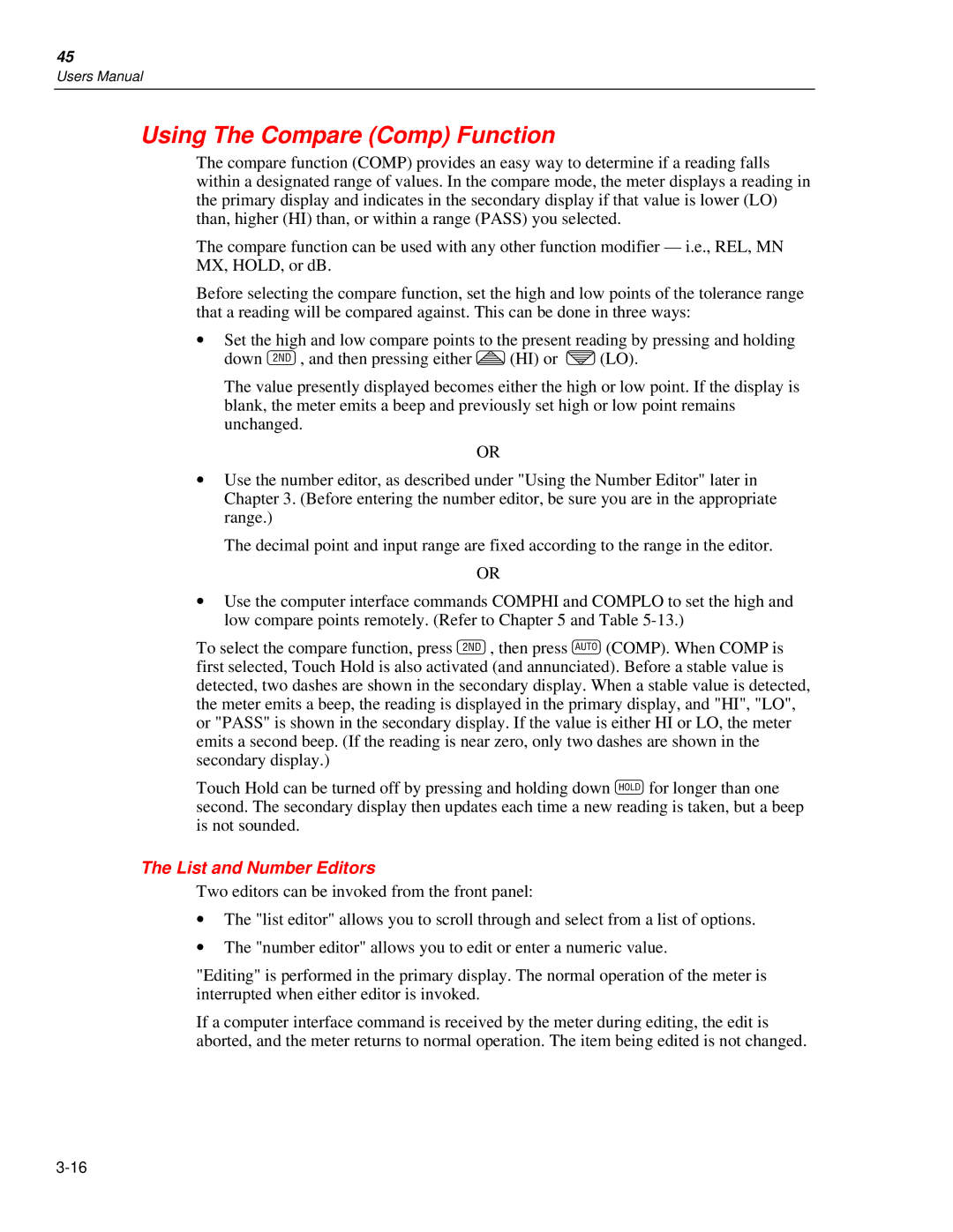 Fluke 45 user manual Using The Compare Comp Function, List and Number Editors 