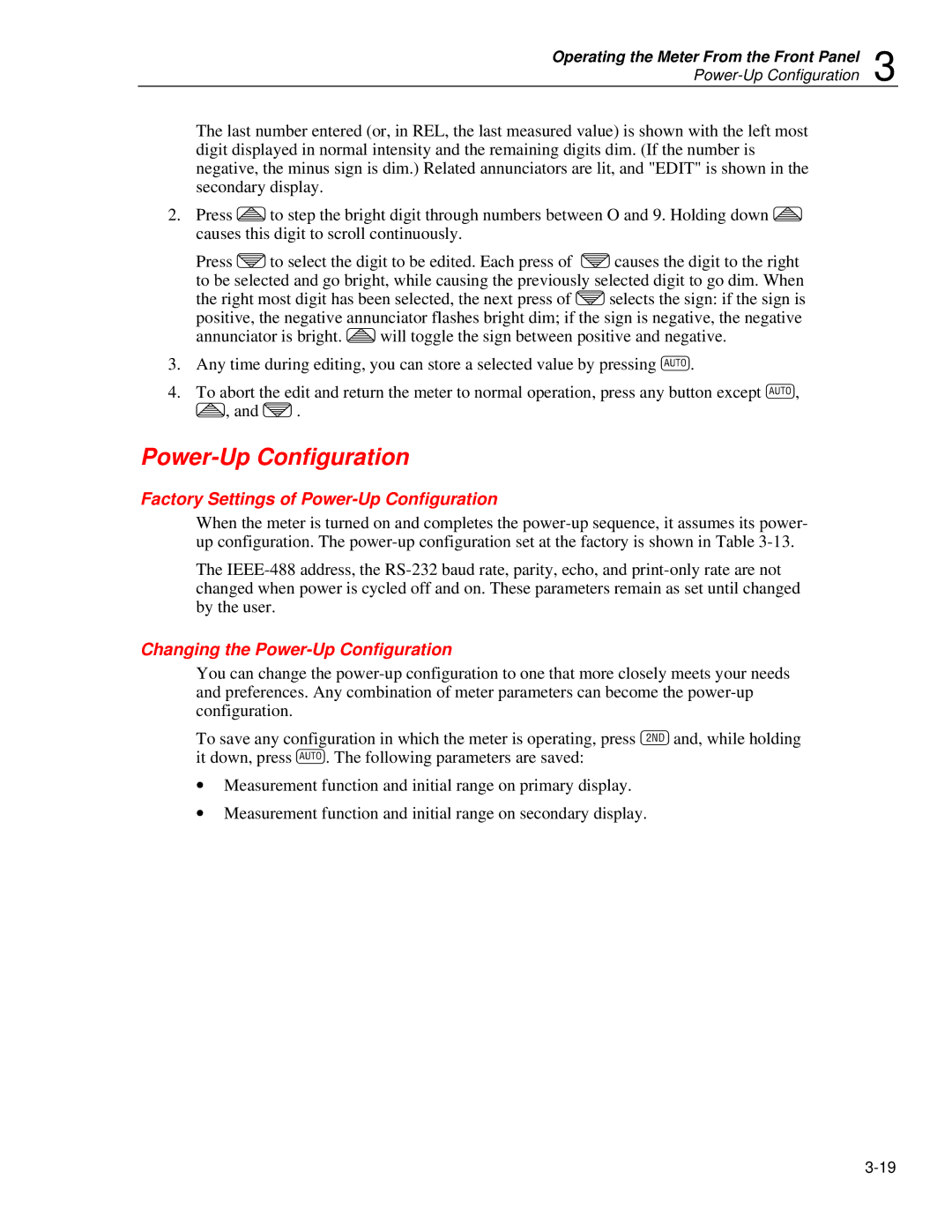 Fluke 45 user manual Factory Settings of Power-Up Configuration, Changing the Power-Up Configuration 