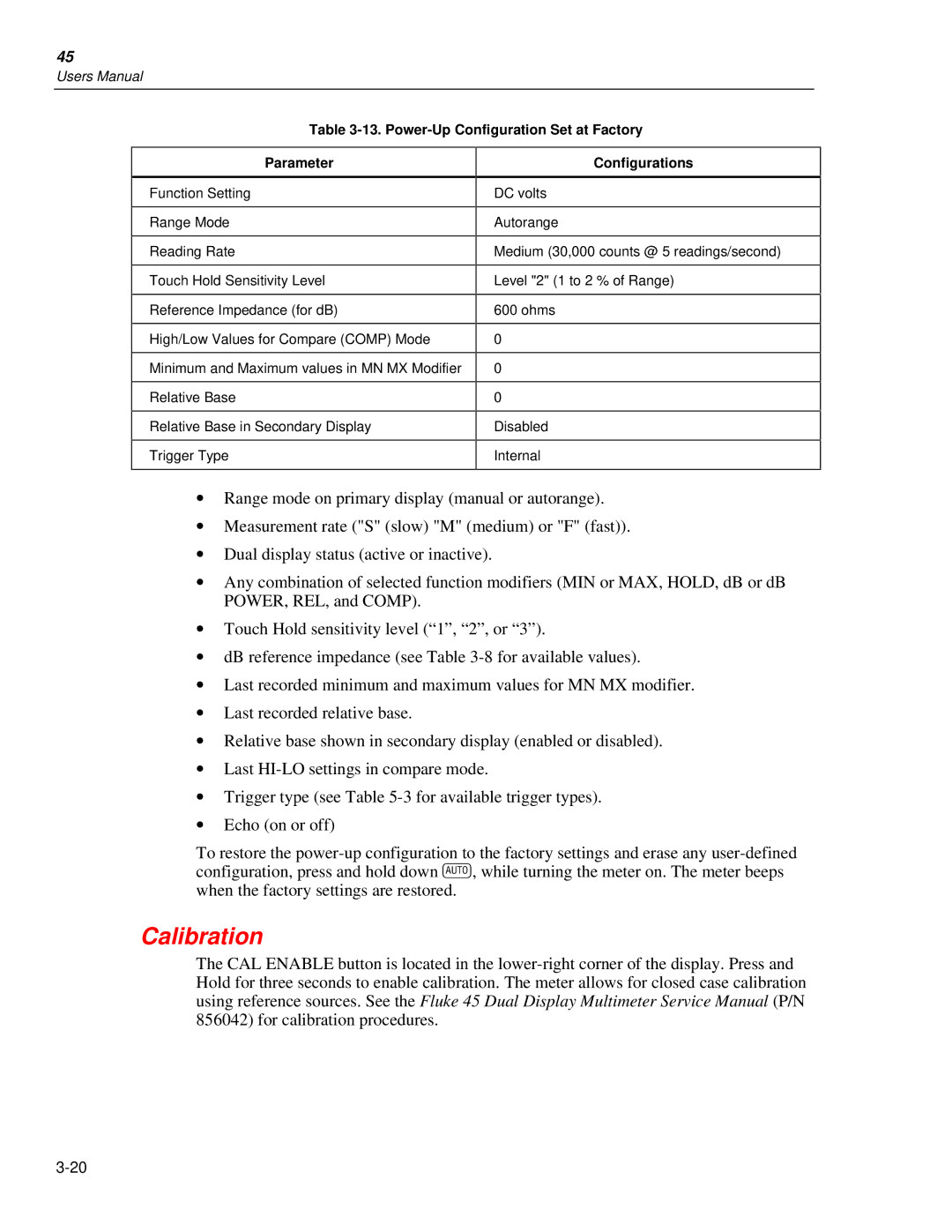 Fluke 45 user manual Calibration, Power-Up Configuration Set at Factory Parameter, Configurations 