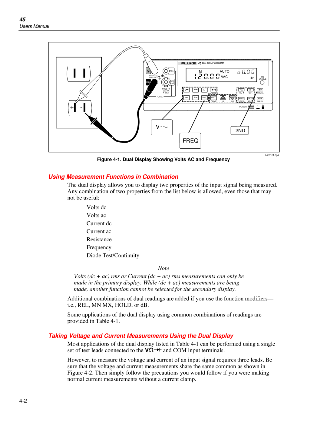 Fluke 45 user manual Using Measurement Functions in Combination, Dual Display Showing Volts AC and Frequency 