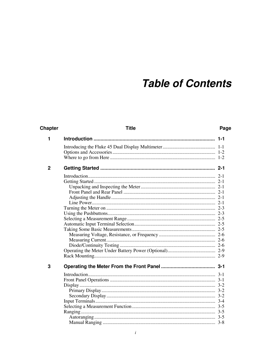 Fluke 45 user manual Table of Contents 