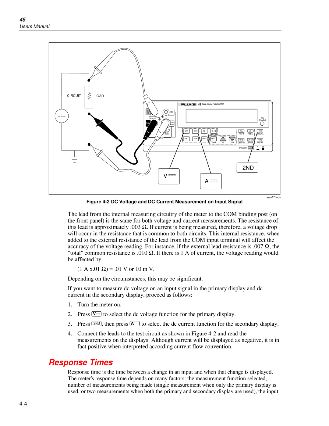 Fluke 45 user manual Response Times, DC Voltage and DC Current Measurement on Input Signal 