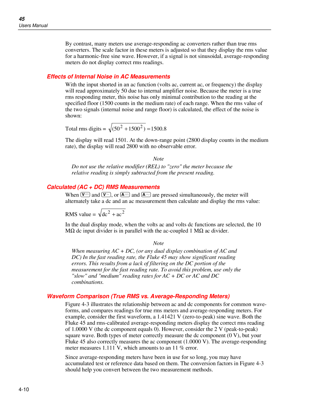 Fluke 45 user manual Effects of Internal Noise in AC Measurements, Calculated AC + DC RMS Measurements 