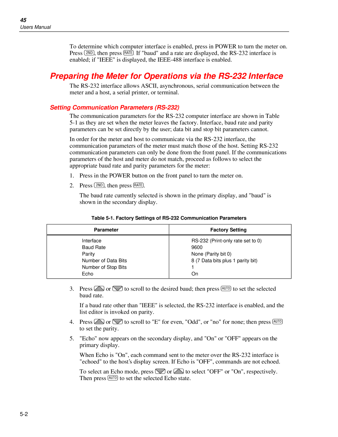 Fluke 45 user manual Preparing the Meter for Operations via the RS-232 Interface, Setting Communication Parameters RS-232 