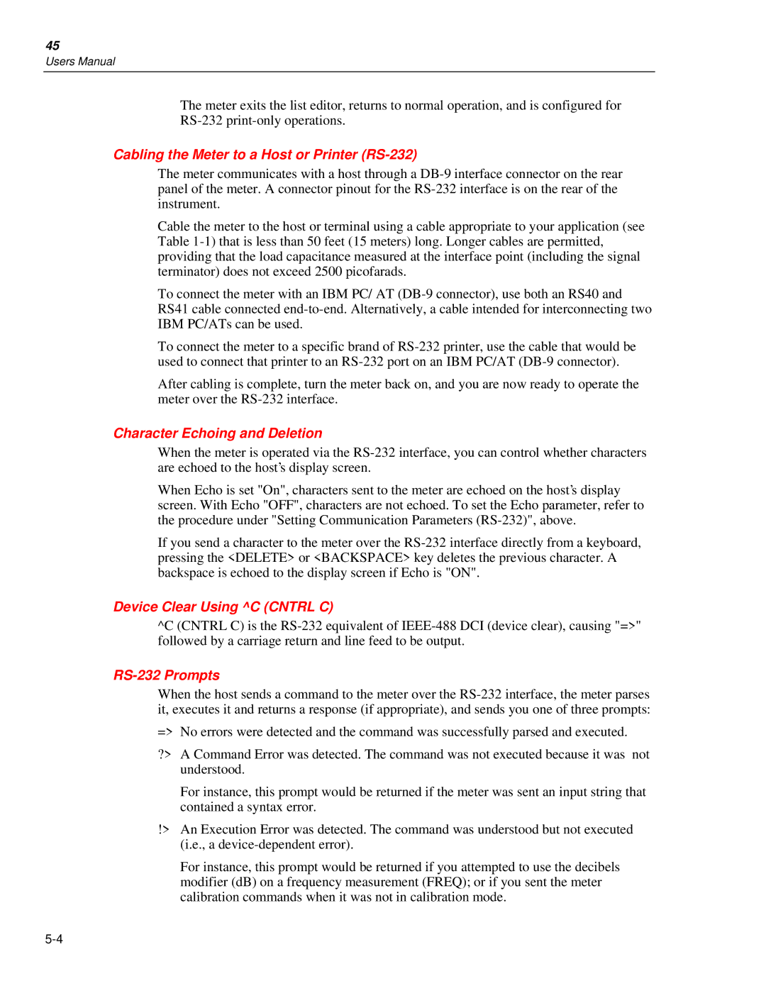 Fluke 45 Cabling the Meter to a Host or Printer RS-232, Character Echoing and Deletion, Device Clear Using C Cntrl C 