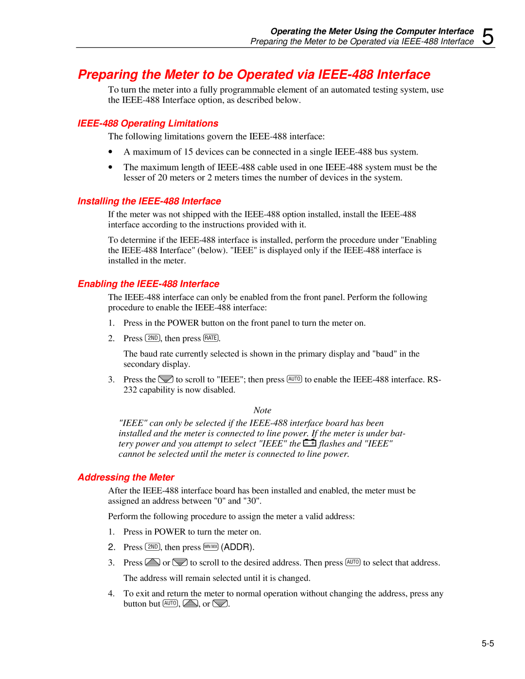 Fluke 45 Preparing the Meter to be Operated via IEEE-488 Interface, IEEE-488 Operating Limitations, Addressing the Meter 