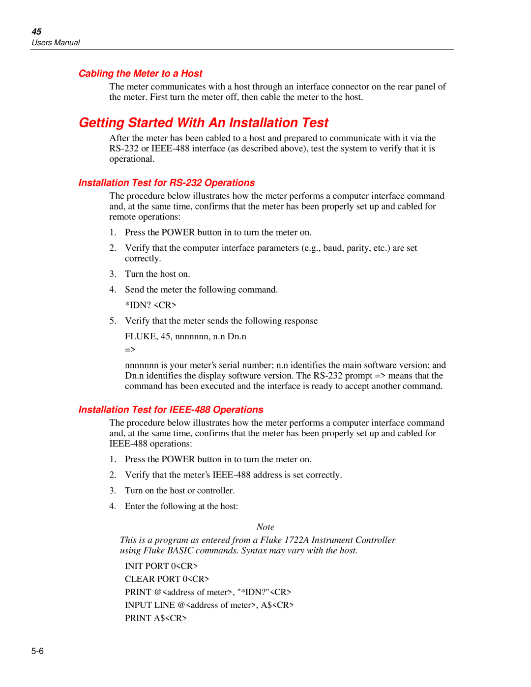 Fluke 45 Getting Started With An Installation Test, Cabling the Meter to a Host, Installation Test for RS-232 Operations 