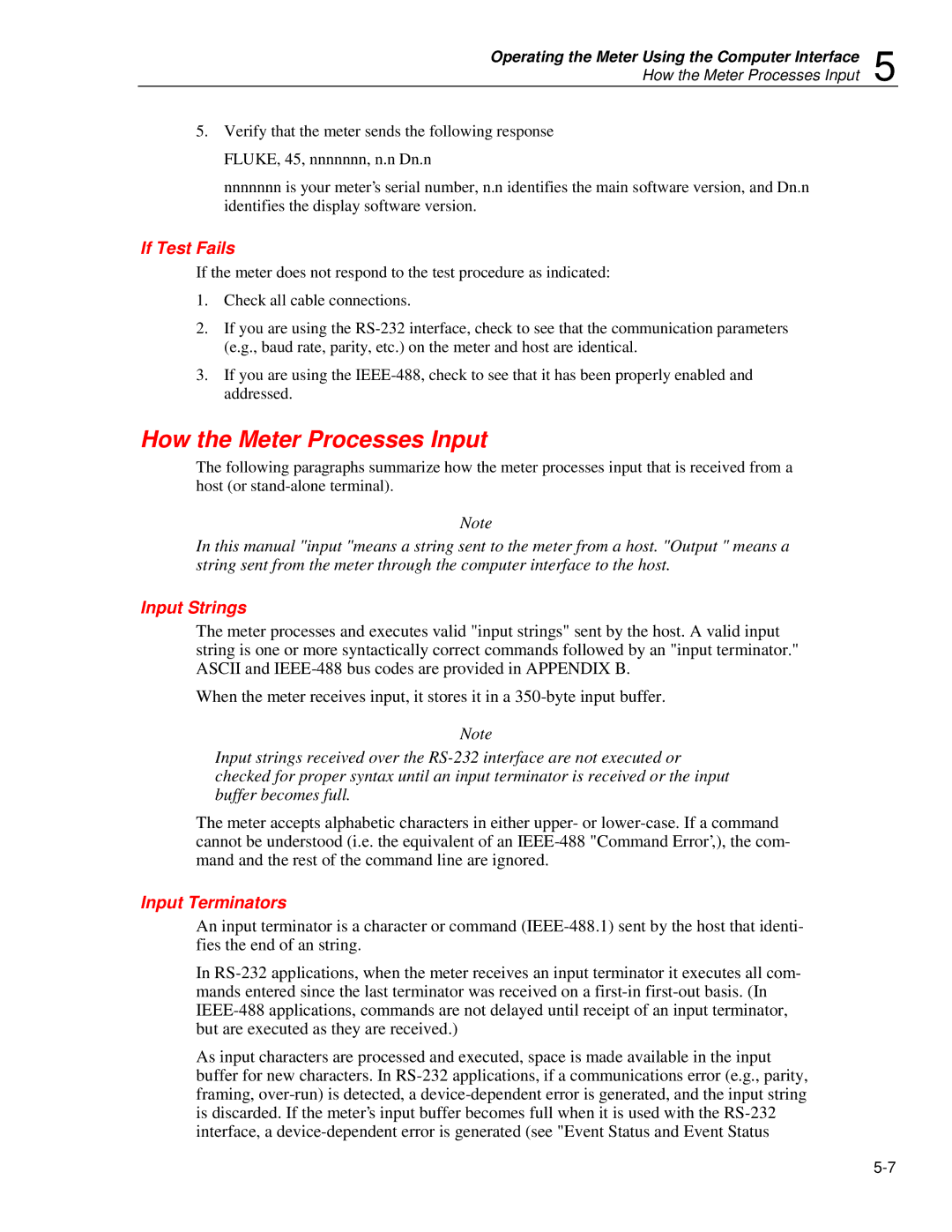 Fluke 45 user manual How the Meter Processes Input, If Test Fails, Input Strings, Input Terminators 