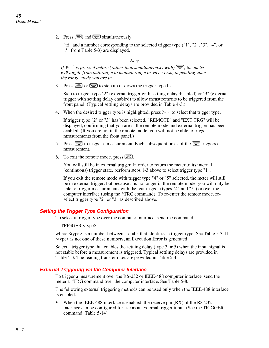 Fluke 45 user manual Setting the Trigger Type Configuration, External Triggering via the Computer Interface 