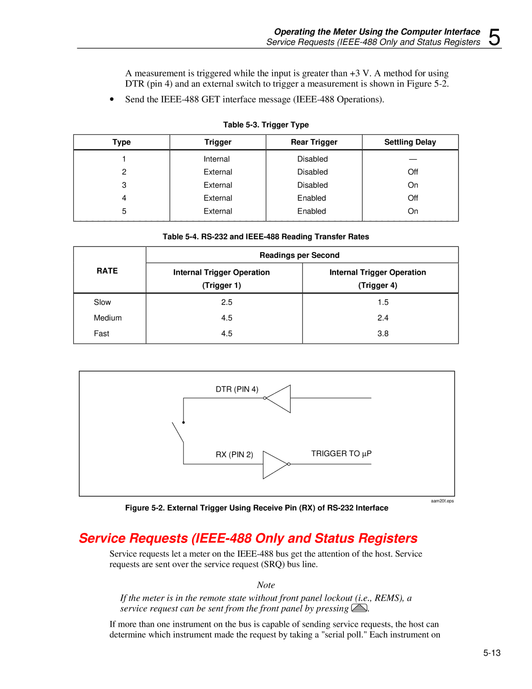 Fluke 45 user manual Service Requests IEEE-488 Only and Status Registers, Trigger Type, Rear Trigger, Settling Delay 