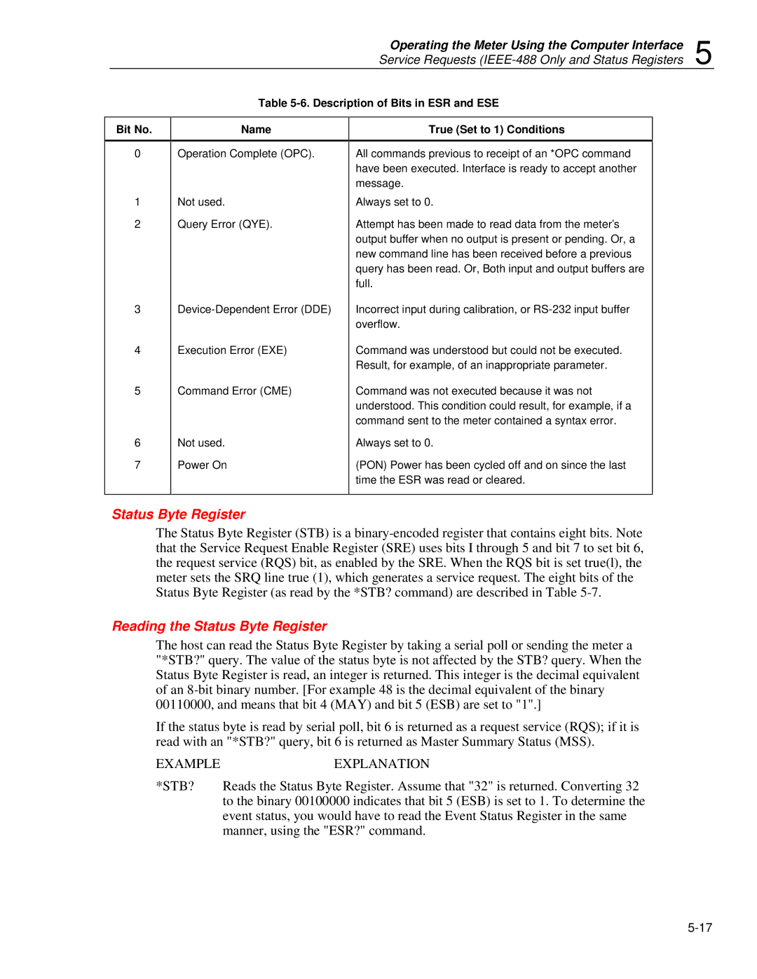 Fluke 45 Reading the Status Byte Register, Description of Bits in ESR and ESE Bit No Name, True Set to 1 Conditions 