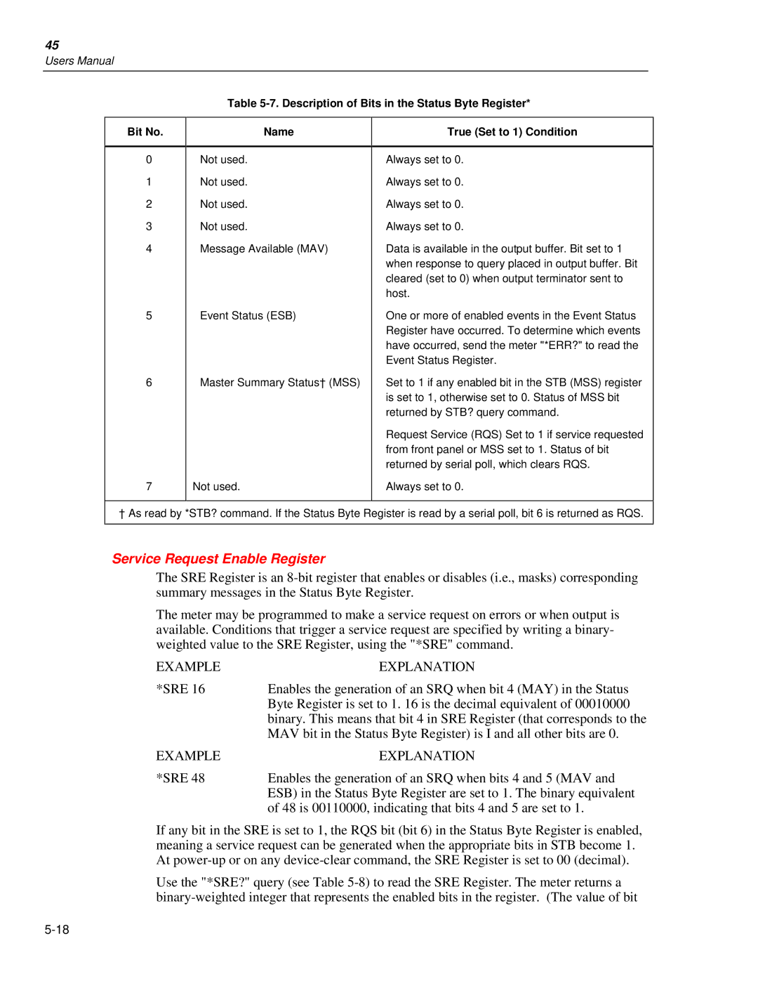 Fluke 45 user manual Service Request Enable Register, Description of Bits in the Status Byte Register Bit No Name 