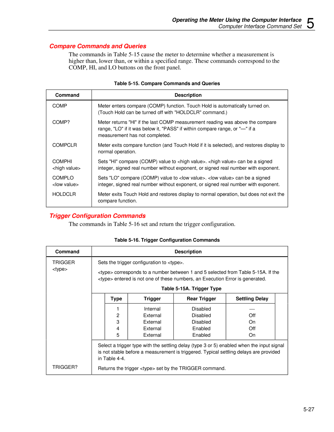 Fluke 45 Trigger Configuration Commands, Compare Commands and Queries Description, Type 15A. Trigger Type Rear Trigger 