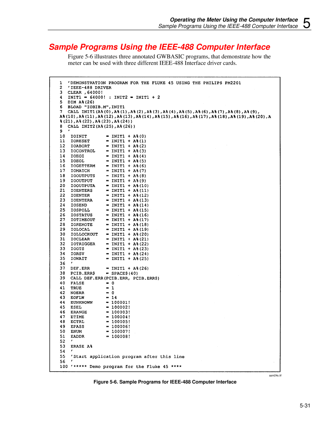 Fluke 45 user manual Sample Programs Using the IEEE-488 Computer Interface, Sample Programs for IEEE-488 Computer Interface 