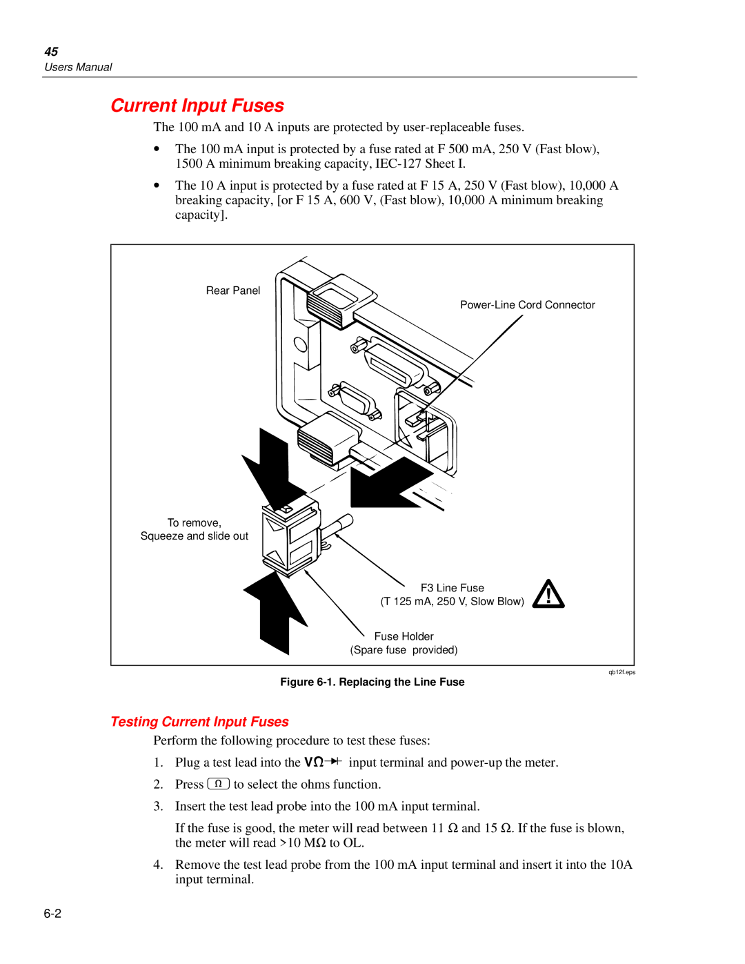 Fluke 45 user manual Testing Current Input Fuses 