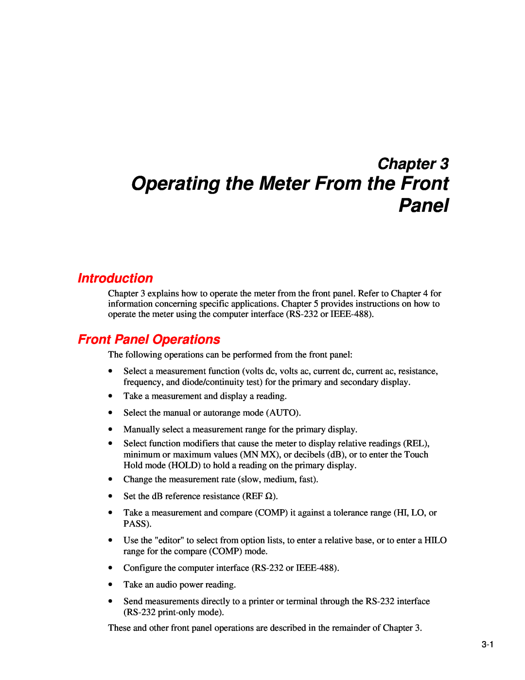 Fluke 45 user manual Operating the Meter From the Front Panel, Front Panel Operations, Chapter, Introduction 