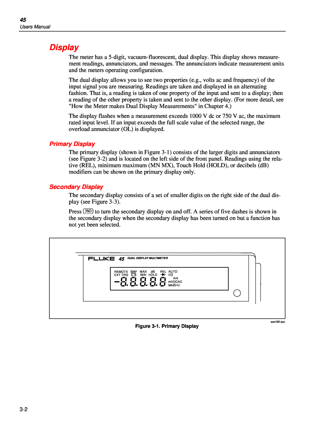 Fluke 45 user manual Primary Display, Secondary Display 