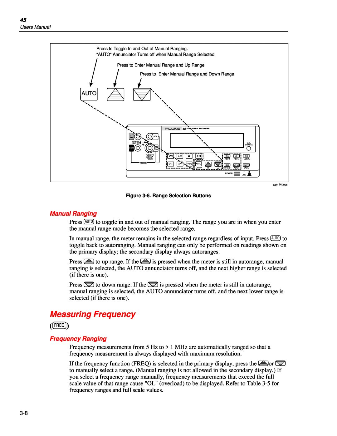 Fluke 45 user manual Measuring Frequency, Manual Ranging, Frequency Ranging 