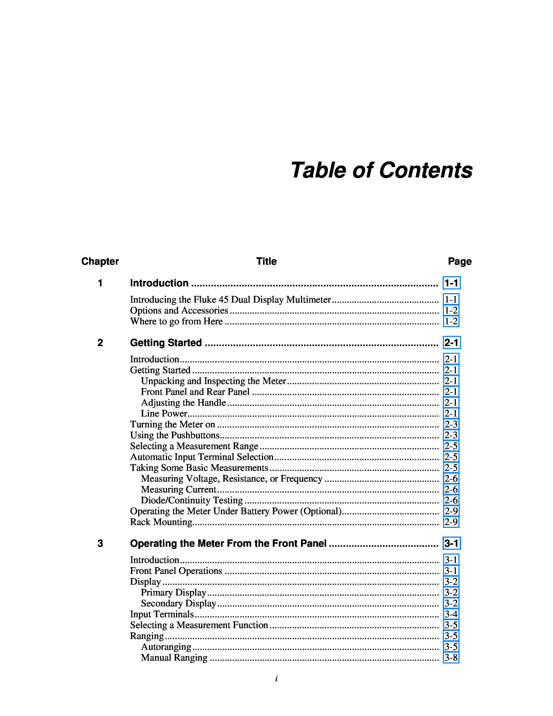 Fluke 45 user manual Table of Contents, Title, Introduction, Getting Started 