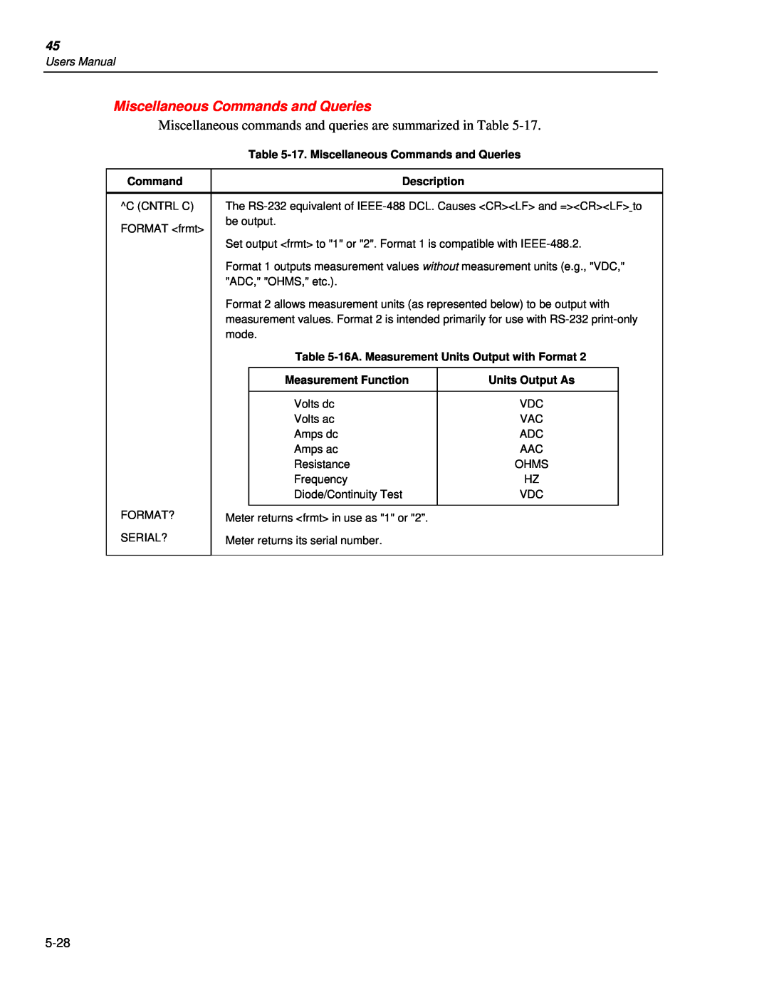 Fluke 45 user manual 5-28, 17.Miscellaneous Commands and Queries, Description, 16A.Measurement Units Output with Format 