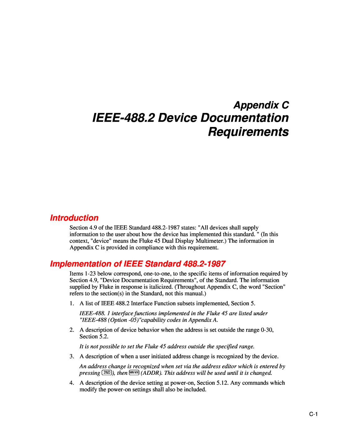 Fluke 45 user manual IEEE-488.2Device Documentation Requirements, Appendix C, Implementation of IEEE Standard, Introduction 