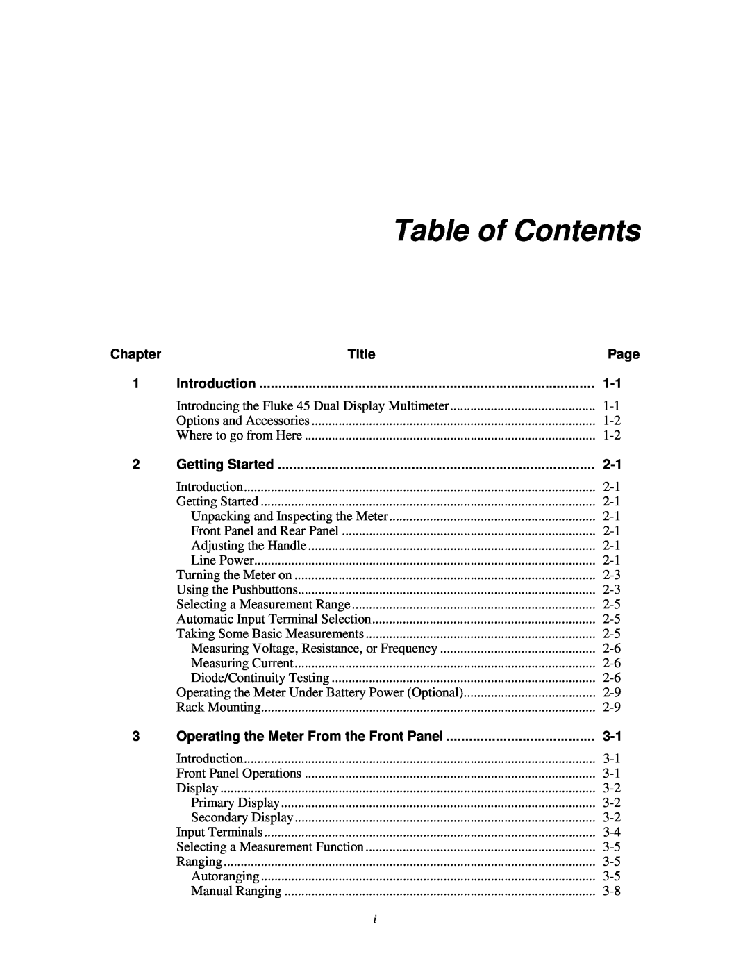 Fluke 45 user manual Table of Contents, Title, Introduction, Getting Started 