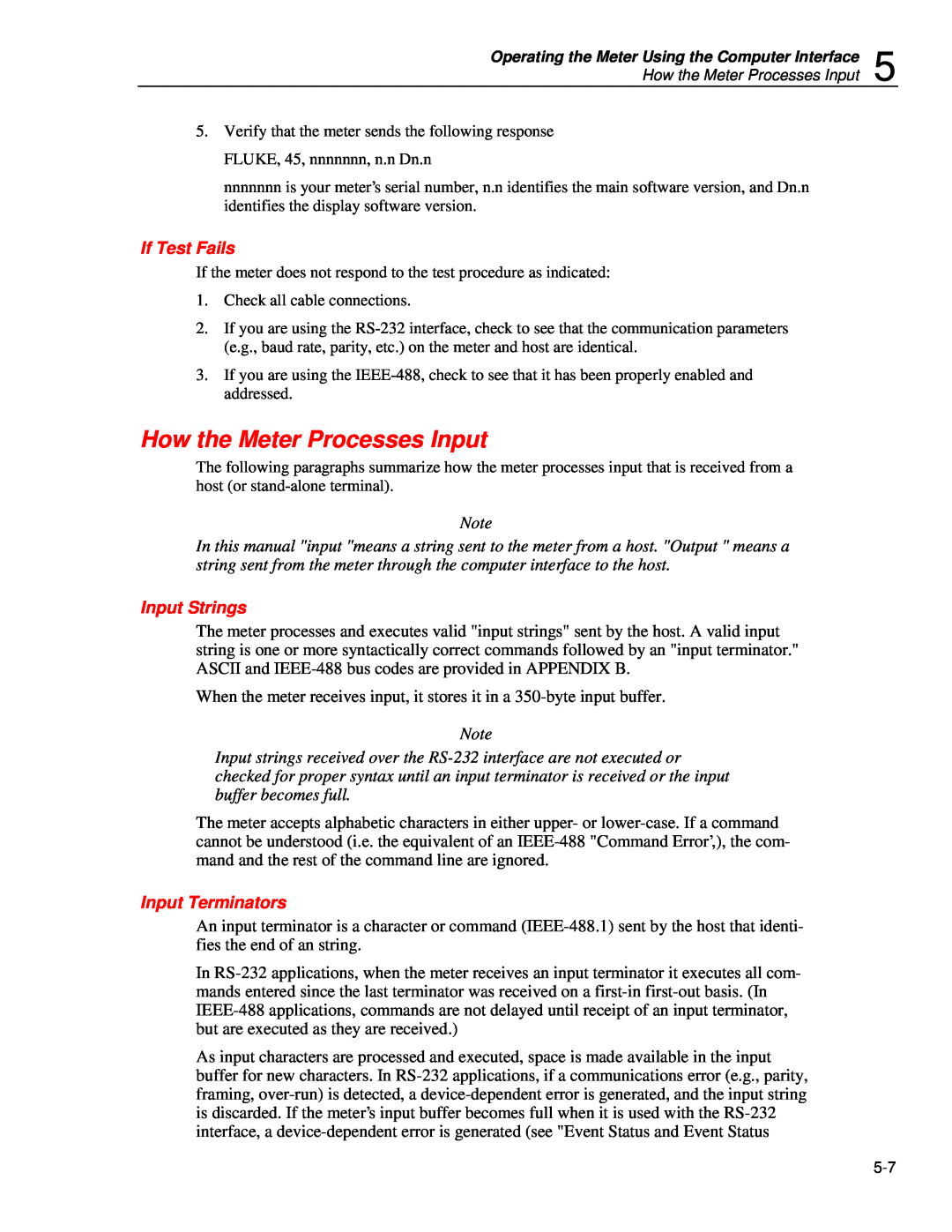 Fluke 45 user manual How the Meter Processes Input, If Test Fails, Input Strings, Input Terminators 