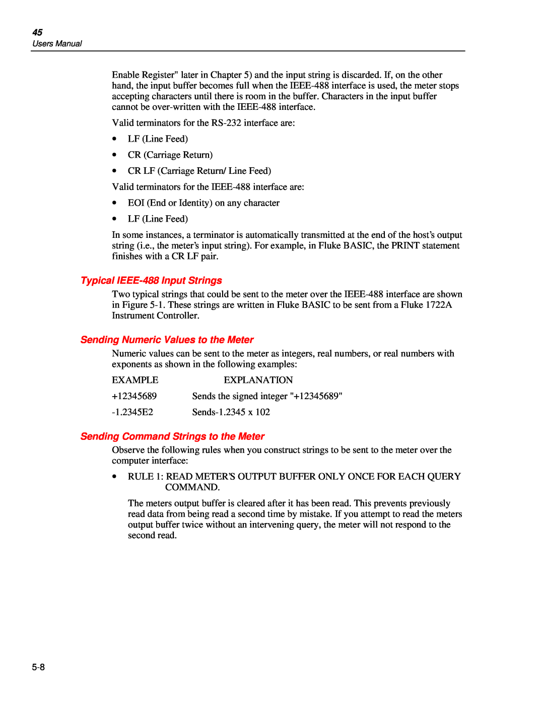 Fluke 45 Typical IEEE-488Input Strings, Sending Numeric Values to the Meter, Sending Command Strings to the Meter 