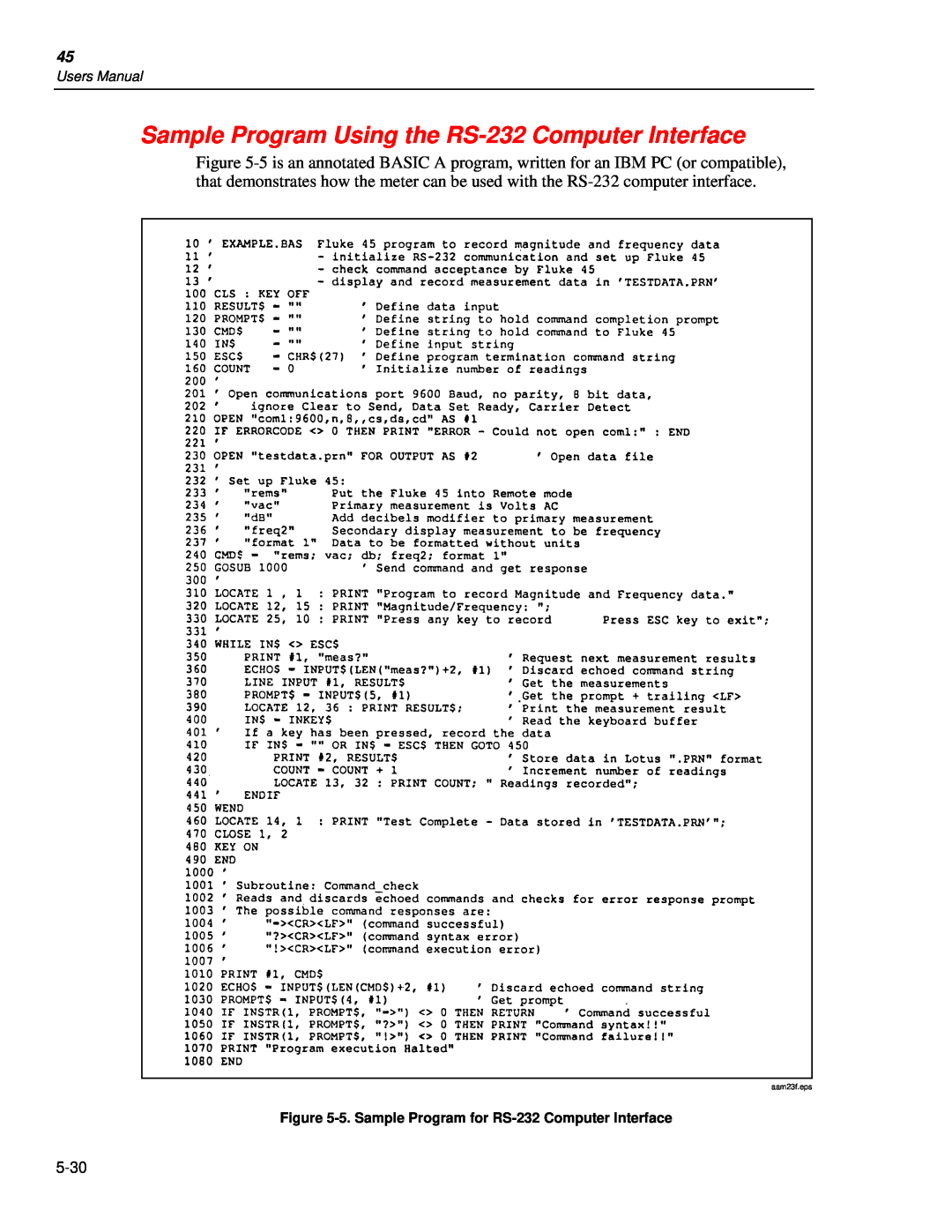 Fluke 45 user manual Sample Program Using the RS-232Computer Interface, 5-30, Users Manual, aam23f.eps 