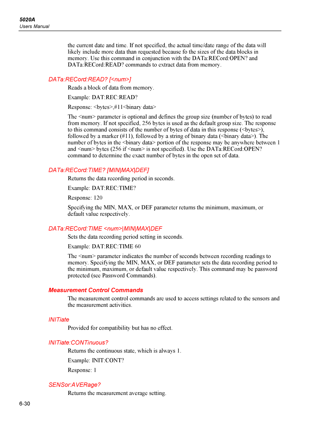 Fluke 5020A user manual Measurement Control Commands 