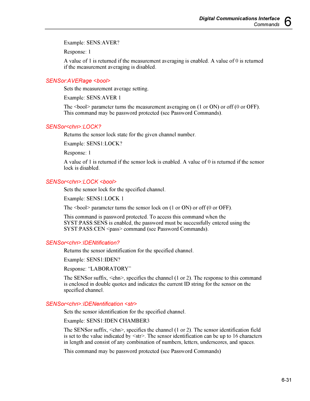 Fluke 5020A user manual SENSorAVERage bool, SENSorchnLOCK?, SENSorchnLOCK bool, SENSorchnIDENtification? 