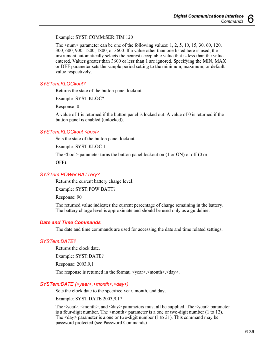 Fluke 5020A user manual Date and Time Commands 