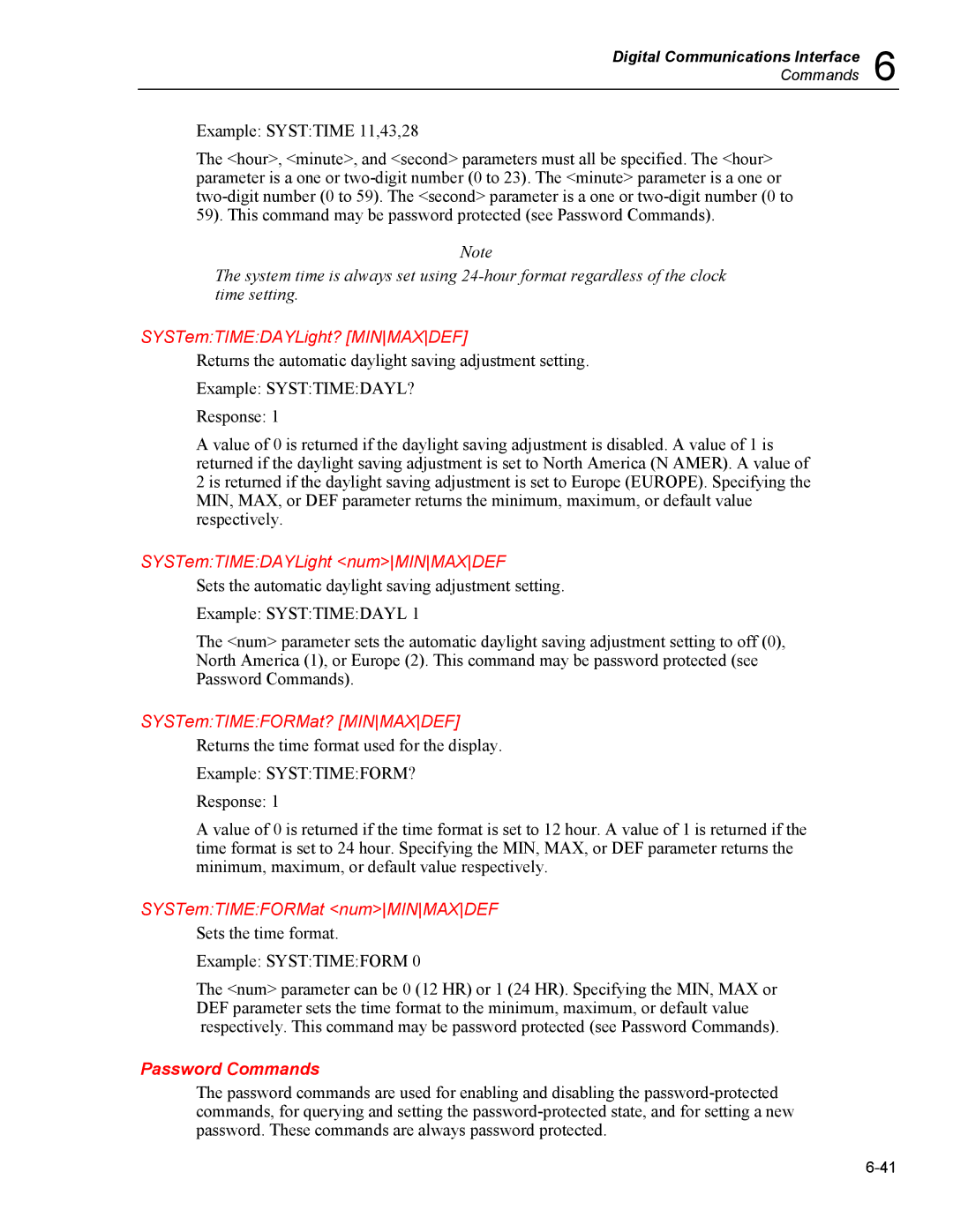 Fluke 5020A SYSTemTIMEDAYLight? Minmaxdef, SYSTemTIMEDAYLight numMINMAXDEF, SYSTemTIMEFORMat? Minmaxdef, Password Commands 