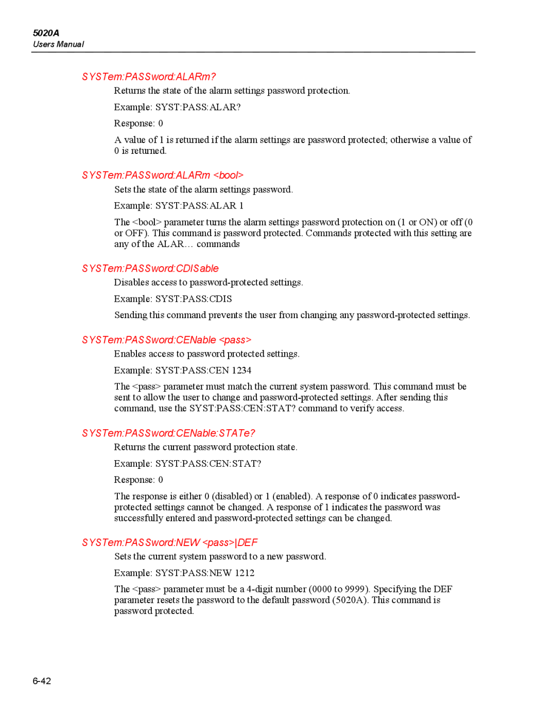 Fluke 5020A user manual SYSTemPASSwordALARm?, SYSTemPASSwordALARm bool, SYSTemPASSwordCDISable, SYSTemPASSwordCENable pass 