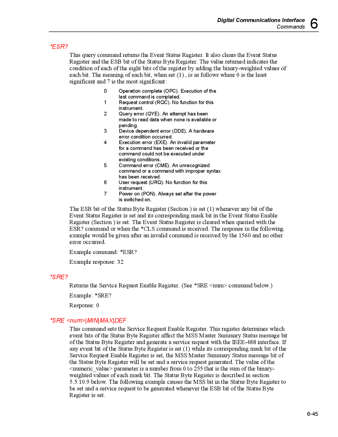 Fluke 5020A user manual Esr?, SRE numMINMAXDEF 