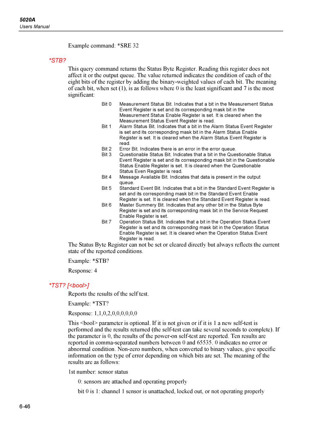 Fluke 5020A user manual Stb?, TST? bool 