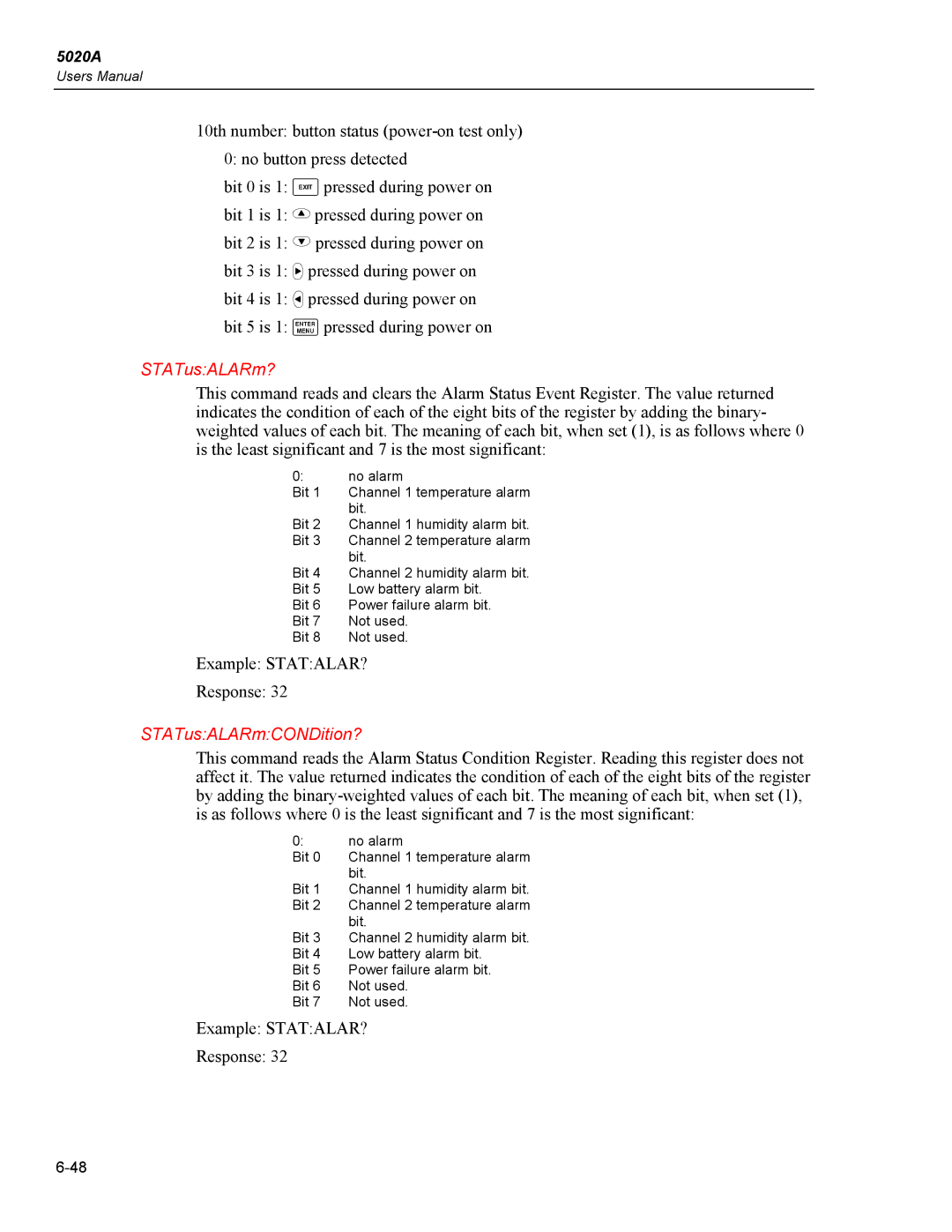 Fluke 5020A user manual STATusALARm?, STATusALARmCONDition? 