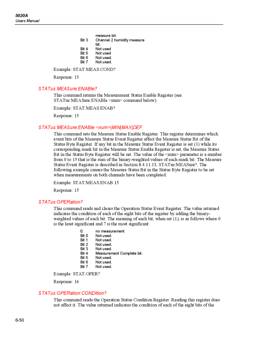 Fluke 5020A user manual STATusMEASureENABle?, STATusMEASureENABle numMINMAXDEF, STATusOPERation?, STATusOPERationCONDition? 