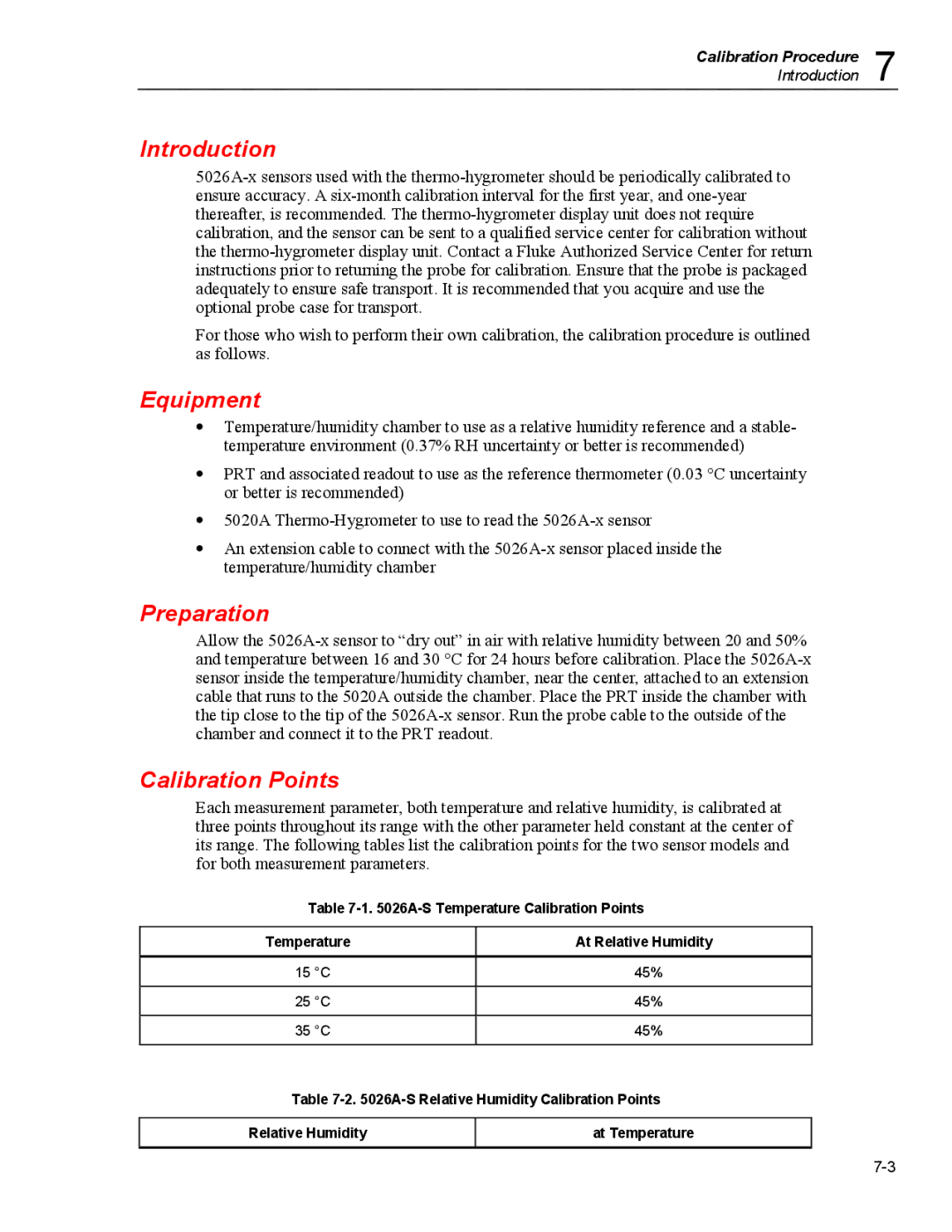 Fluke 5020A user manual Equipment, Preparation, Calibration Points 