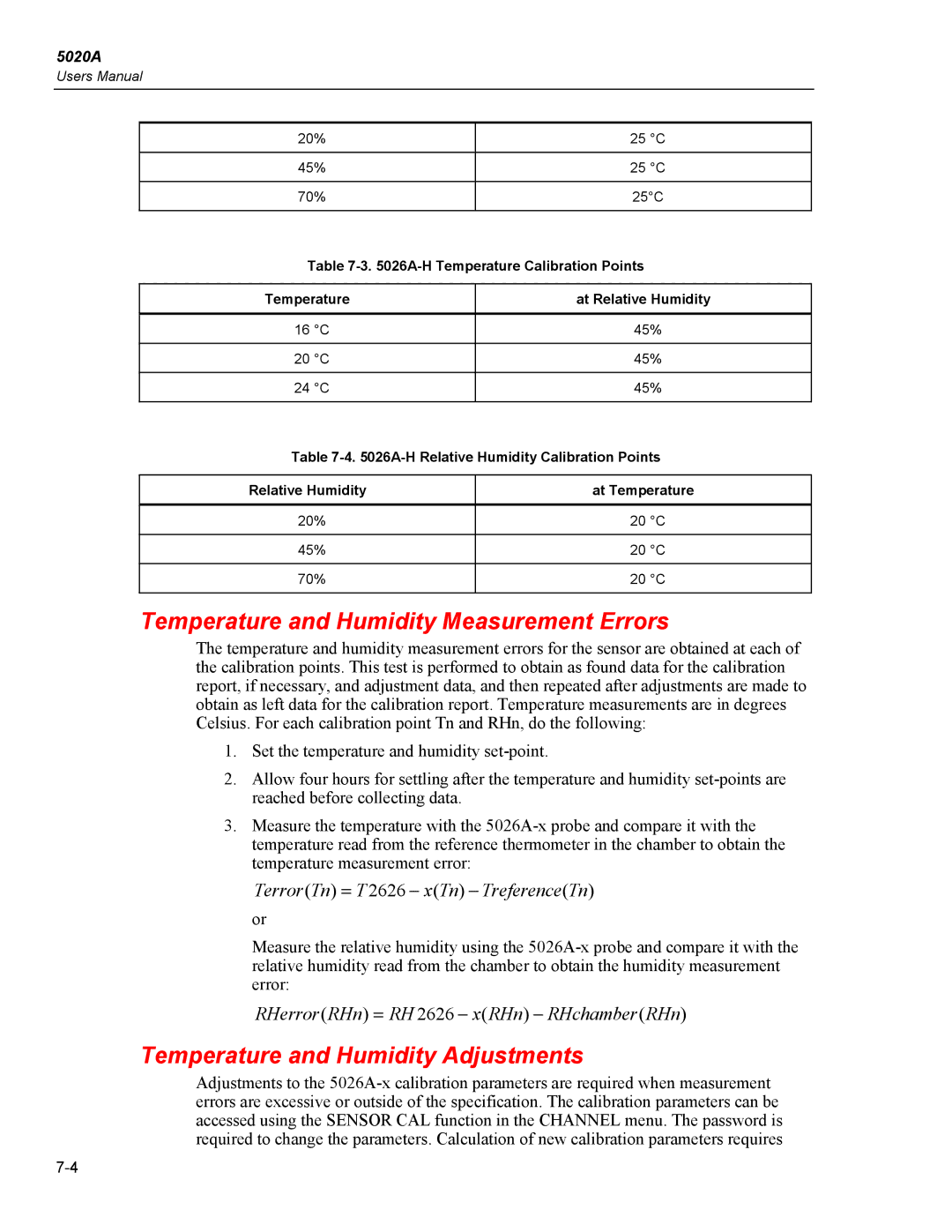 Fluke 5020A user manual Temperature and Humidity Measurement Errors, Temperature and Humidity Adjustments 