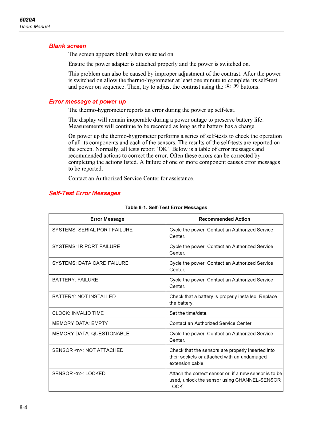 Fluke 5020A user manual Blank screen, Error message at power up, Self-Test Error Messages 