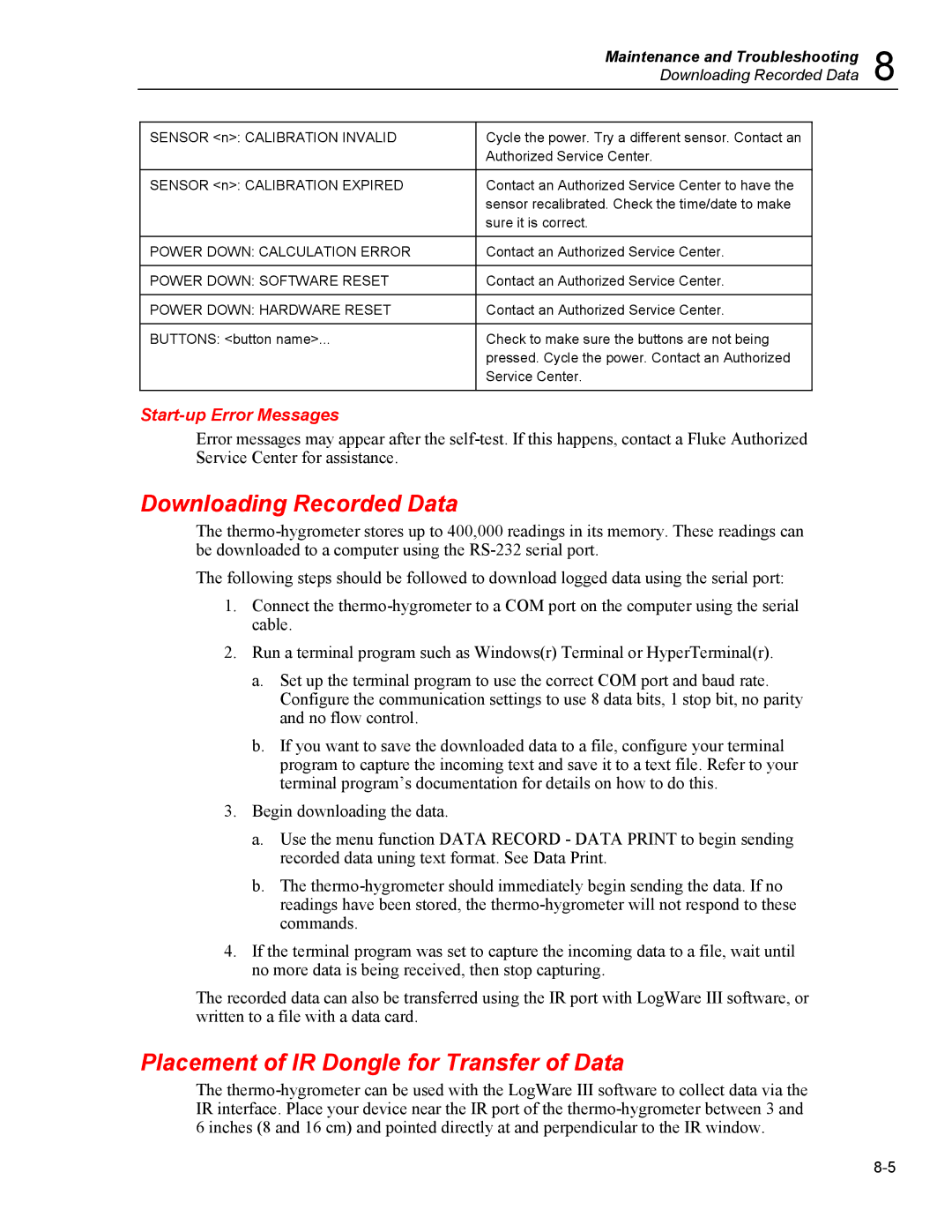 Fluke 5020A user manual Downloading Recorded Data, Placement of IR Dongle for Transfer of Data, Start-up Error Messages 