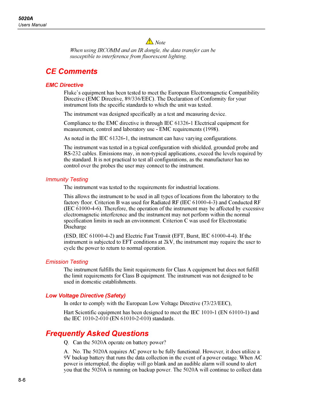 Fluke 5020A user manual CE Comments, Frequently Asked Questions, EMC Directive, Low Voltage Directive Safety 