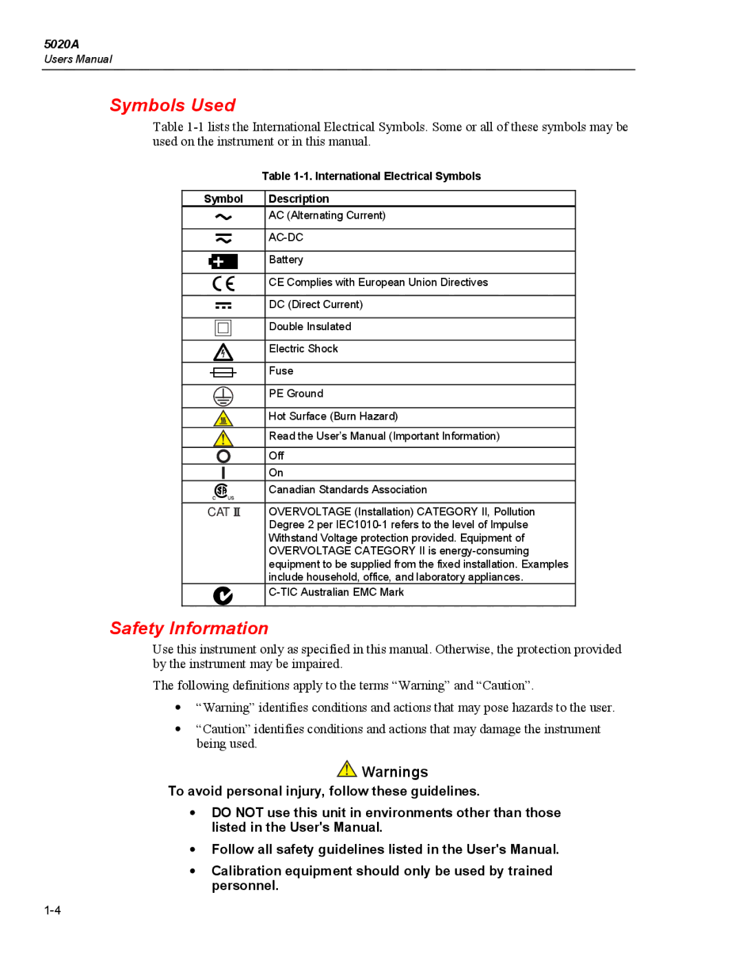 Fluke 5020A user manual Symbols Used, Safety Information 