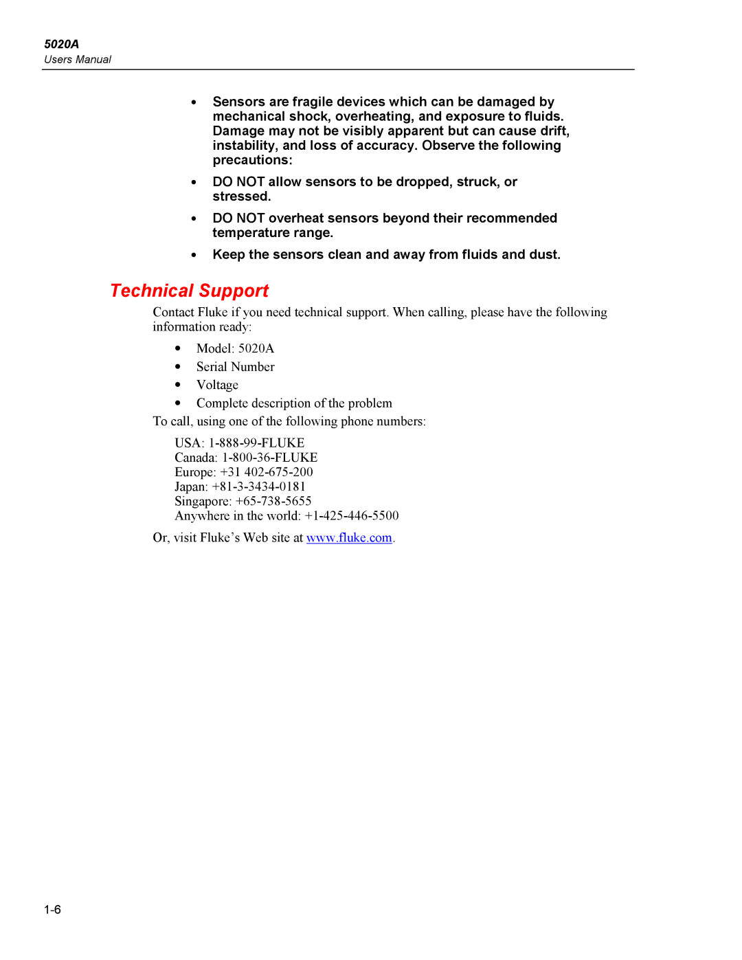 Fluke 5020A user manual Technical Support 