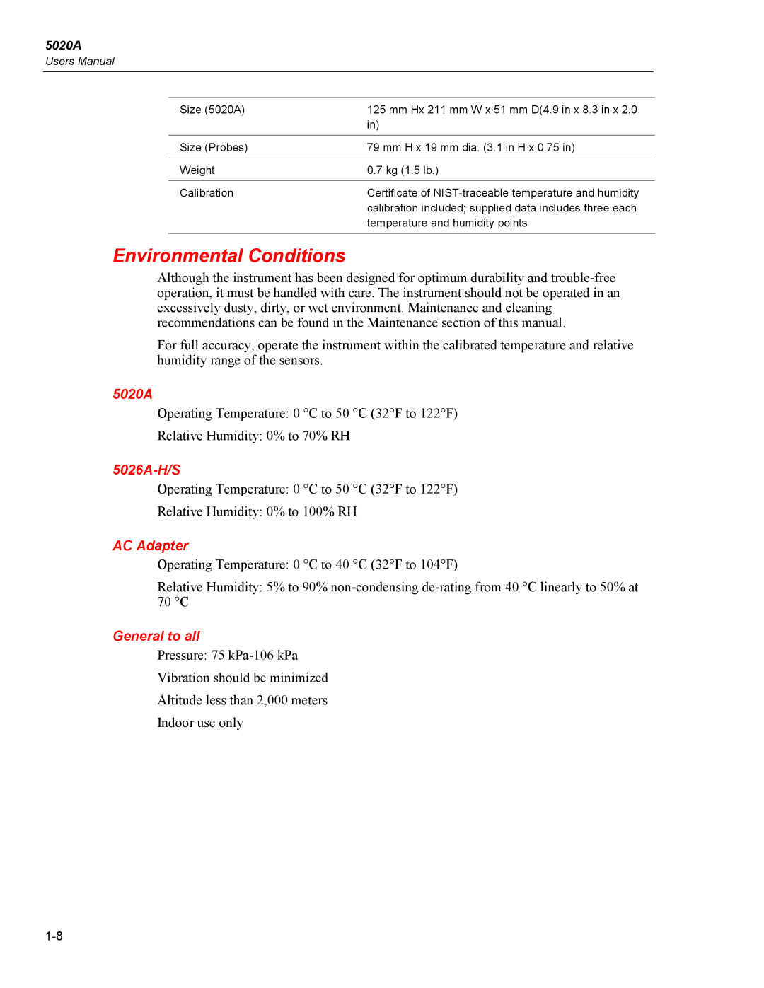 Fluke 5020A user manual Environmental Conditions, 5026A-H/S, AC Adapter, General to all 